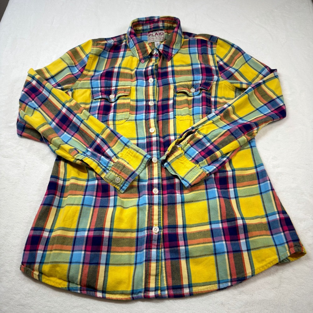 Old Navy Plaid Button Down Shirt Women Medium Yellow Multi Color Exc‎ Cotton